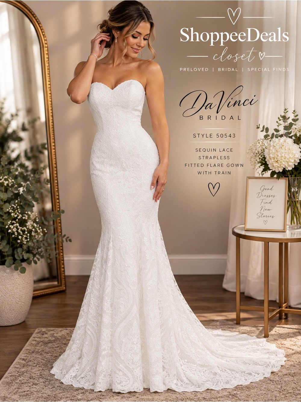 DaVinci Bridal 50543 Sequin Lace Strapless Mermaid Wedding Dress Train Sz 12
